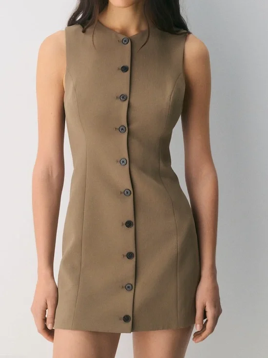 Aritzia Tan Sleeveless Button-Front Shift Dress Regal Dress 4641 - Picture 1 of 7
